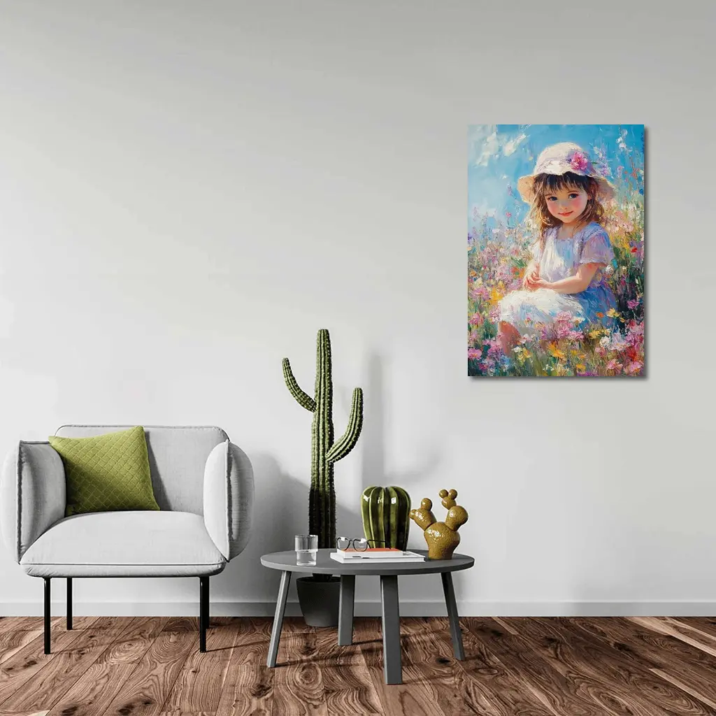 Little Girl Sitting in Wildflower Field Painting – Wall Art
