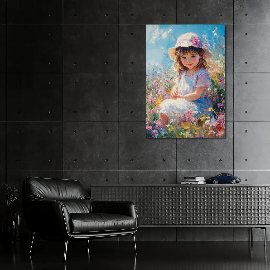 Little Girl Sitting in Wildflower Field Painting – Wall Art