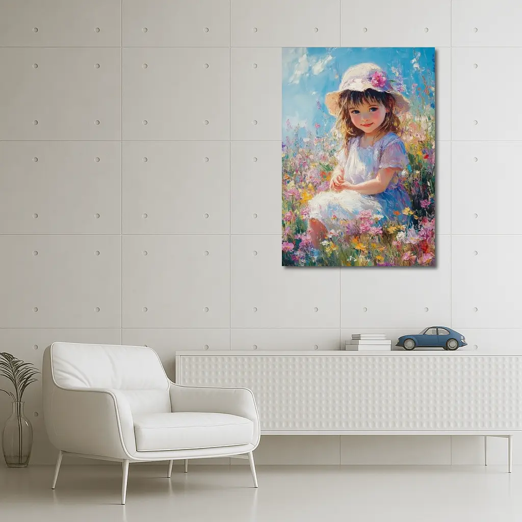 Little Girl Sitting in Wildflower Field Painting – Wall Art