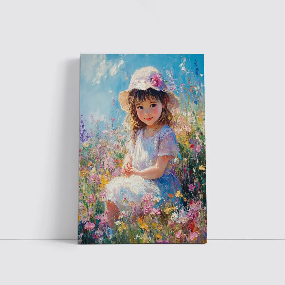Little Girl Sitting in Wildflower Field Painting – Wall Art