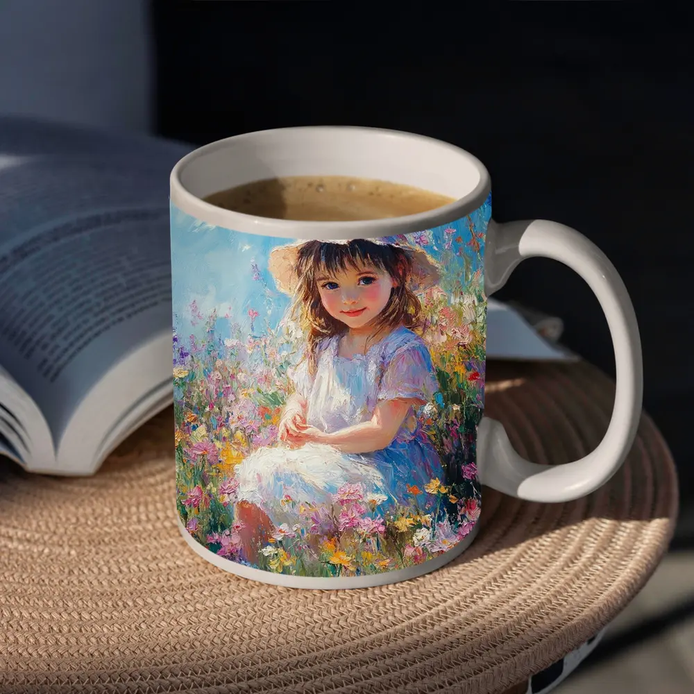 Little Girl Sitting in Wildflower Field Painting – Mugs
