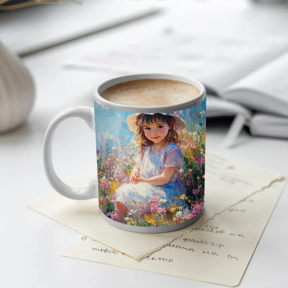 Little Girl Sitting in Wildflower Field Painting – Mugs