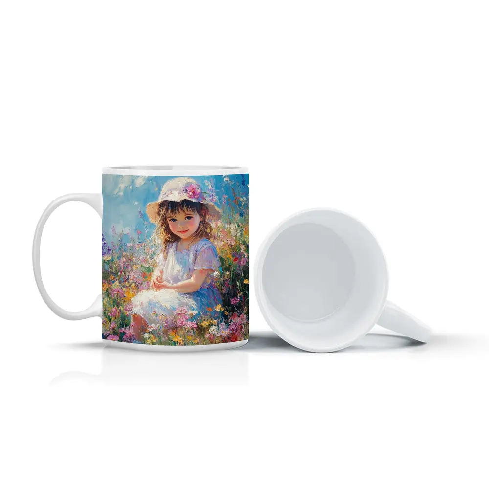 Little Girl Sitting in Wildflower Field Painting – Mugs