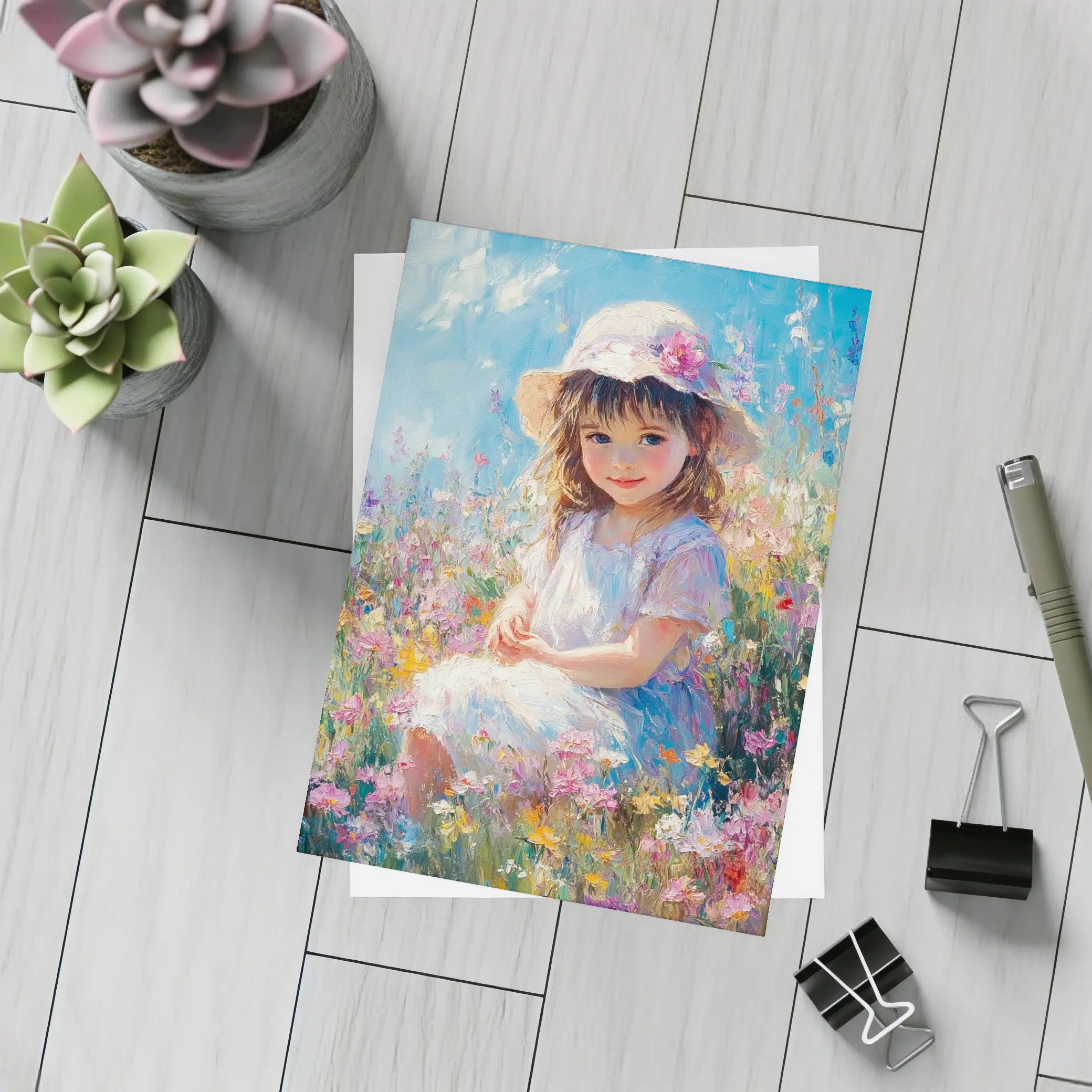 Little Girl Sitting in Wildflower Field Painting – Postcards
