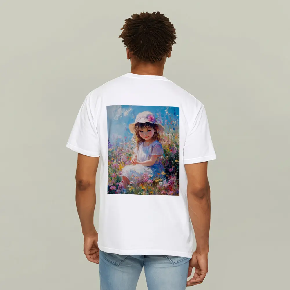 Little Girl Sitting in Wildflower Field Painting – T-Shirts