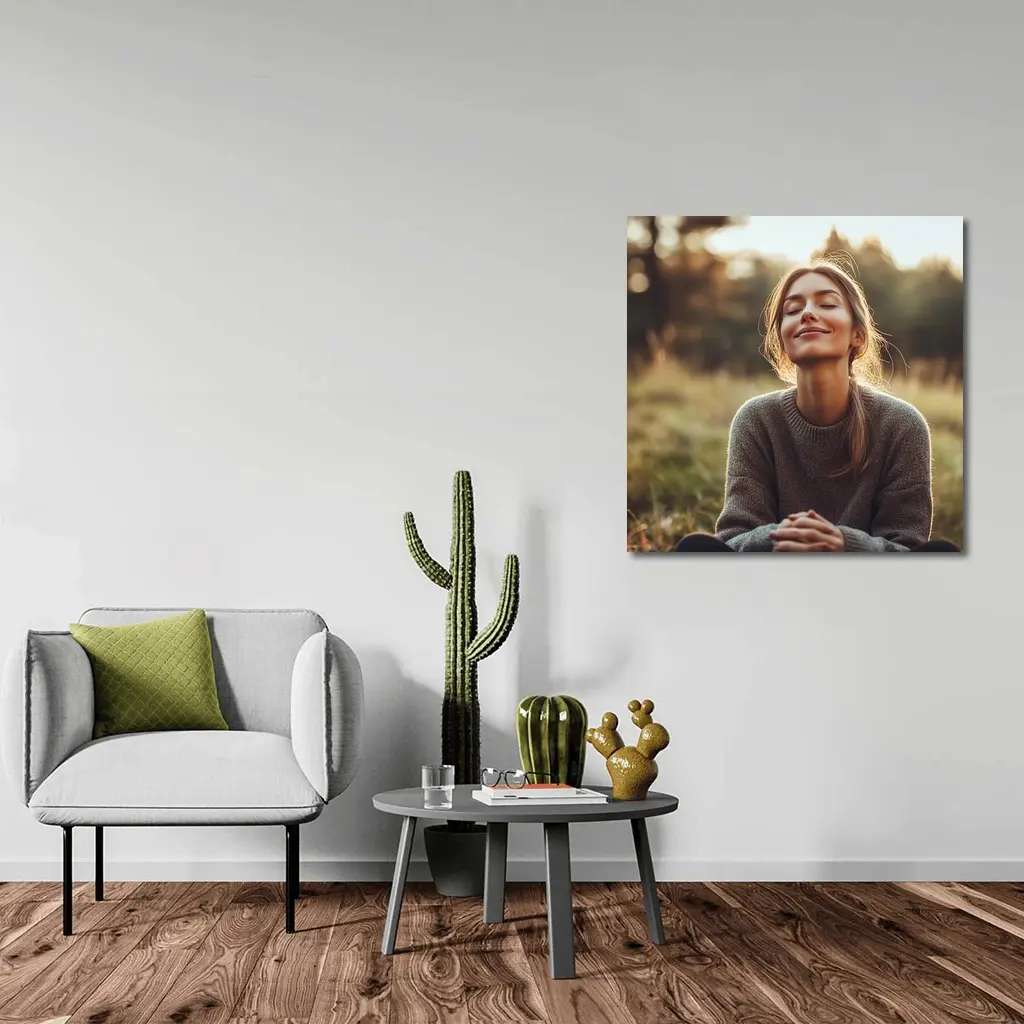 Woman Meditating Outdoors Golden Hour Nature – Wall Art
