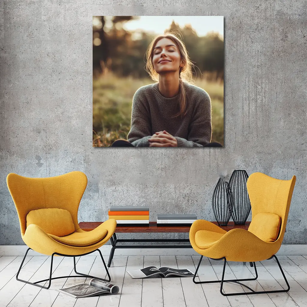 Woman Meditating Outdoors Golden Hour Nature – Wall Art