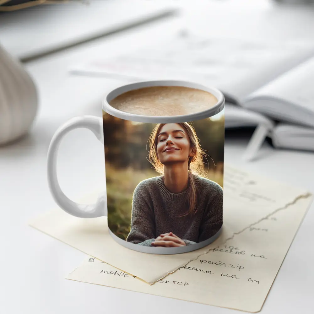 Woman Meditating Outdoors Golden Hour Nature – Mugs