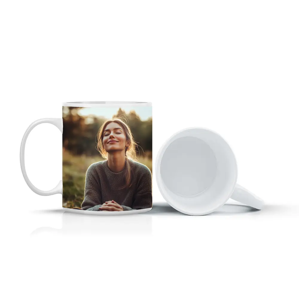 Woman Meditating Outdoors Golden Hour Nature – Mugs