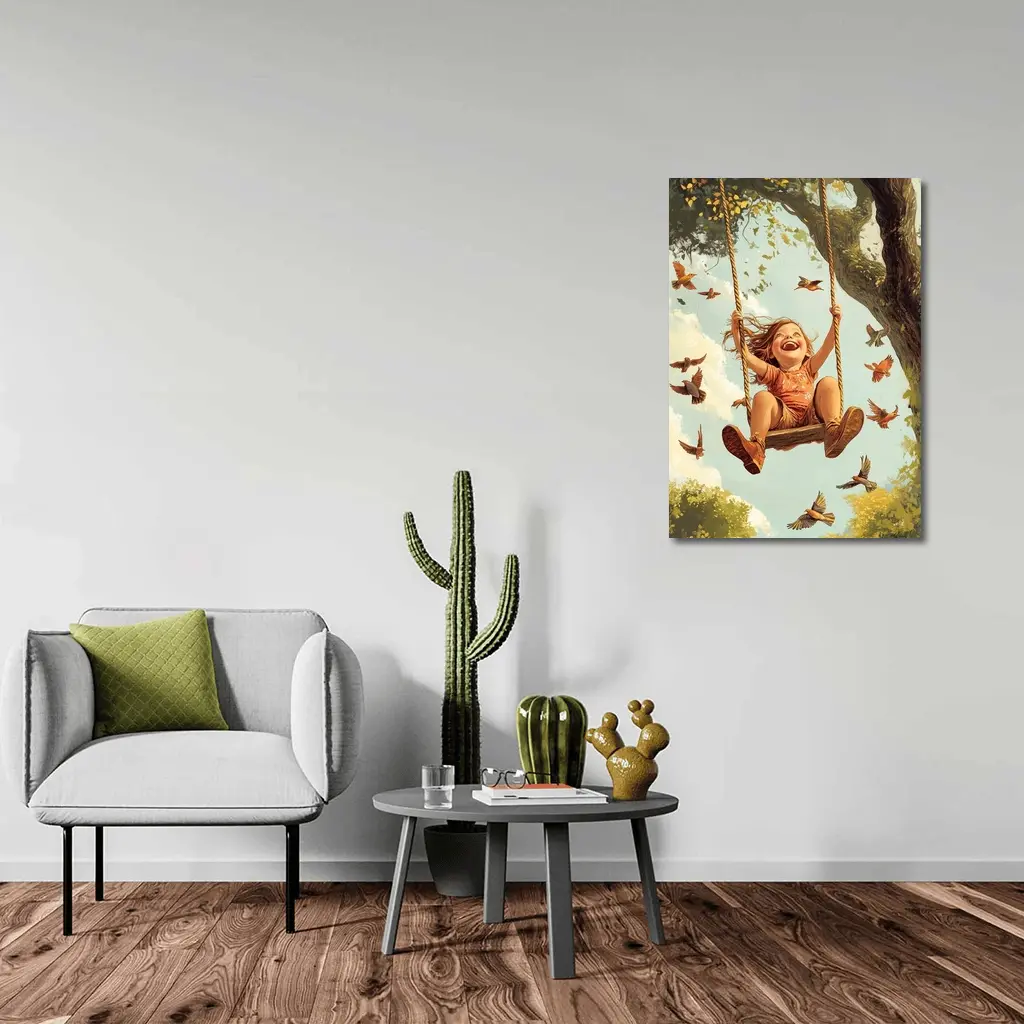 Joyful Girl Swinging On Tree With Birds – Wall Art
