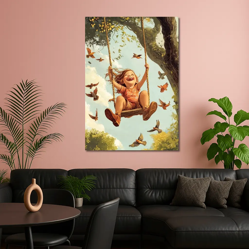 Joyful Girl Swinging On Tree With Birds – Wall Art