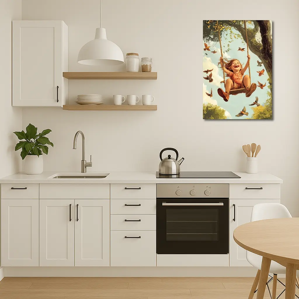 Joyful Girl Swinging On Tree With Birds – Wall Art