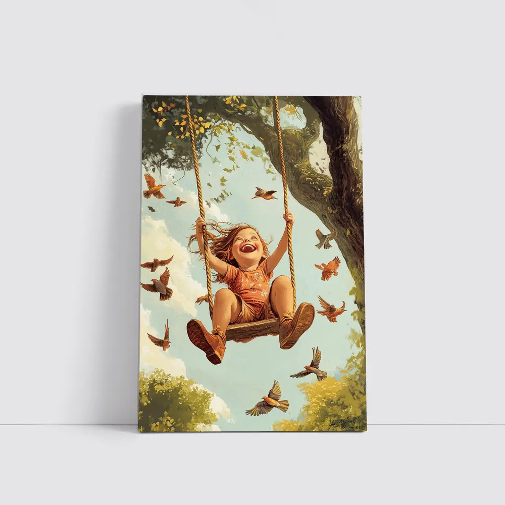 Joyful Girl Swinging On Tree With Birds – Wall Art