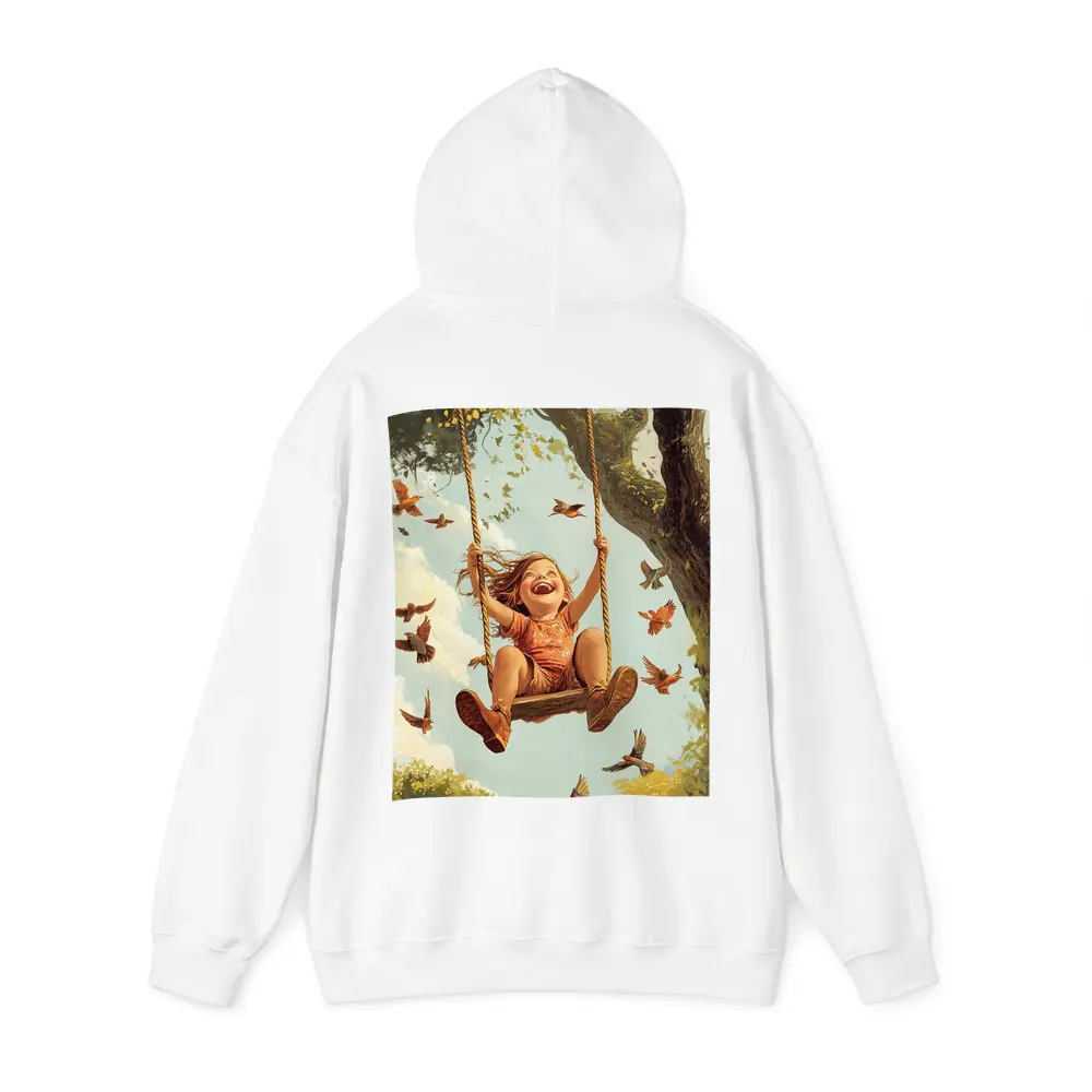 Joyful Girl Swinging On Tree With Birds – Hoodies