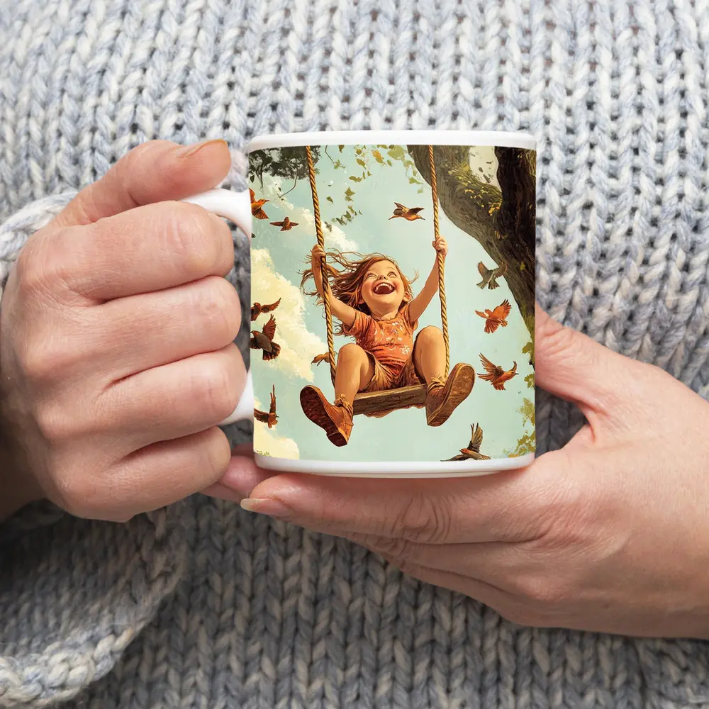 Joyful Girl Swinging On Tree With Birds – Mugs