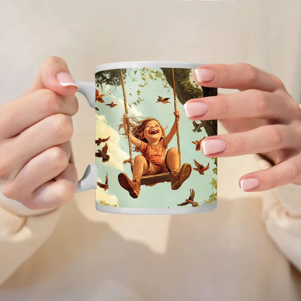 Joyful Girl Swinging On Tree With Birds – Mugs