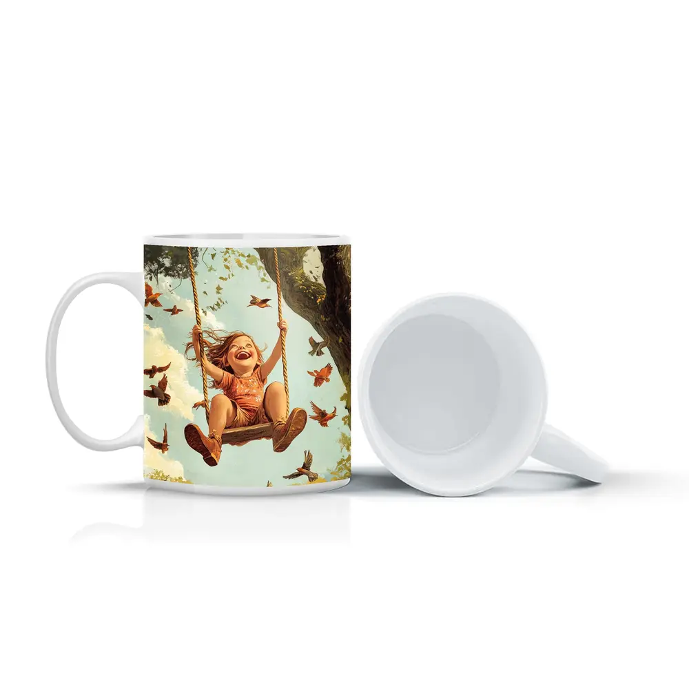 Joyful Girl Swinging On Tree With Birds – Mugs