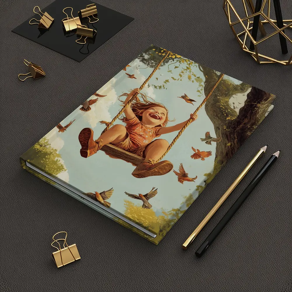 Joyful Girl Swinging On Tree With Birds – Notebooks