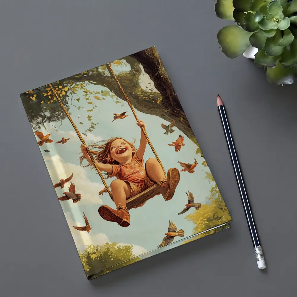 Joyful Girl Swinging On Tree With Birds – Notebooks