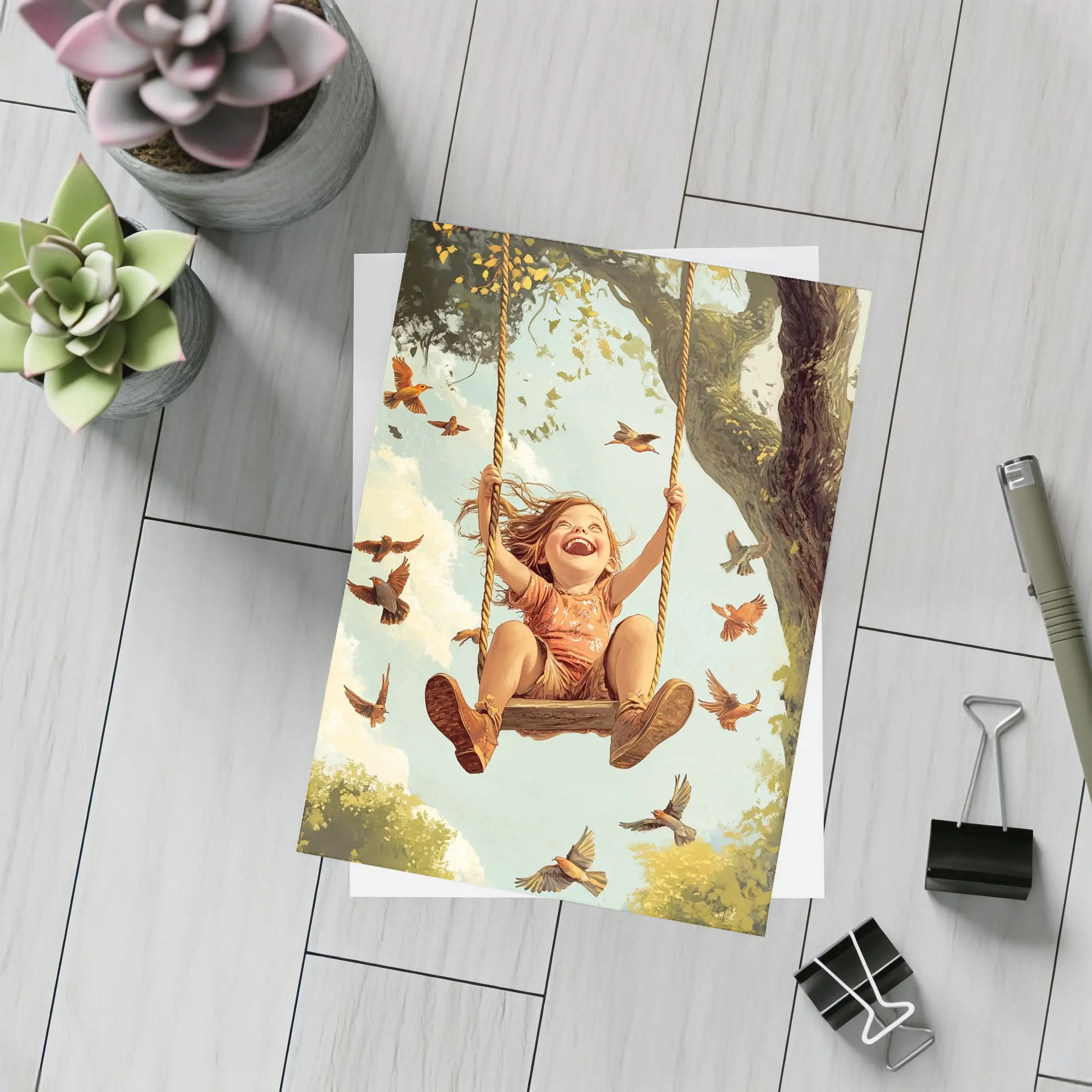 Joyful Girl Swinging On Tree With Birds – Postcards