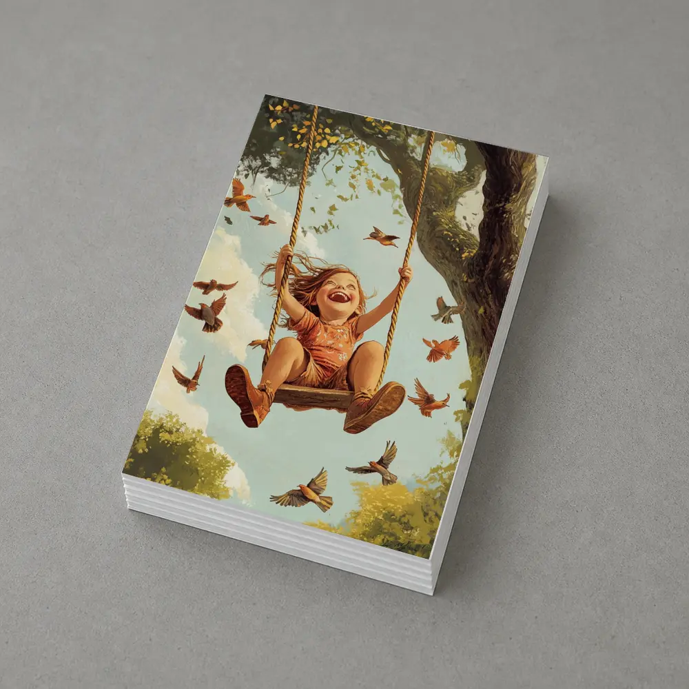 Joyful Girl Swinging On Tree With Birds – Postcards