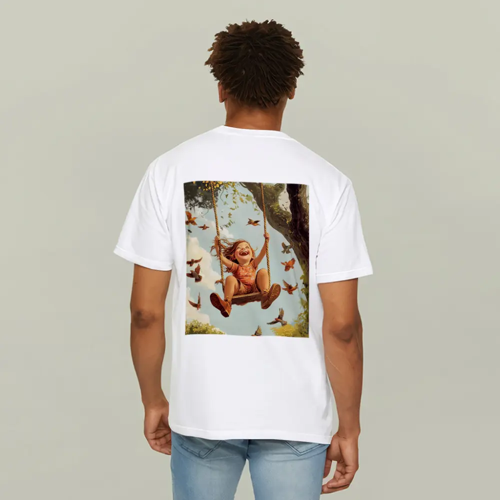 Joyful Girl Swinging On Tree With Birds – T-Shirts