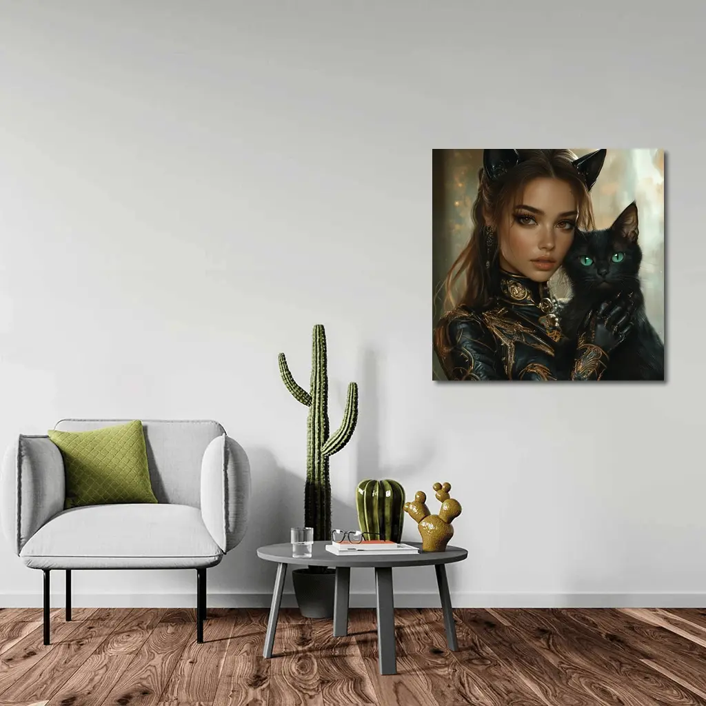 Fantasy Woman Cat Ears Black Cat Portrait – Wall Art