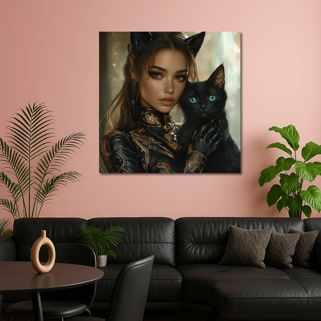 Fantasy Woman Cat Ears Black Cat Portrait – Wall Art