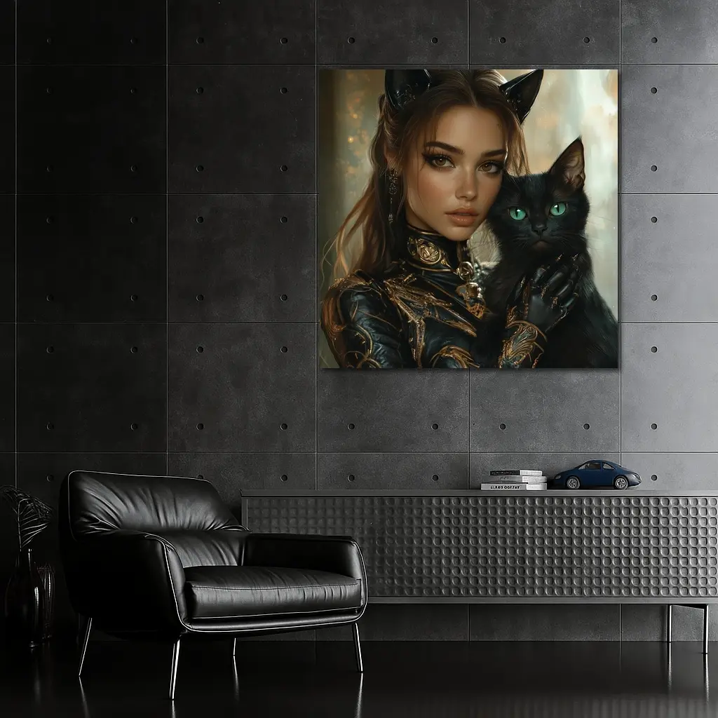 Fantasy Woman Cat Ears Black Cat Portrait – Wall Art