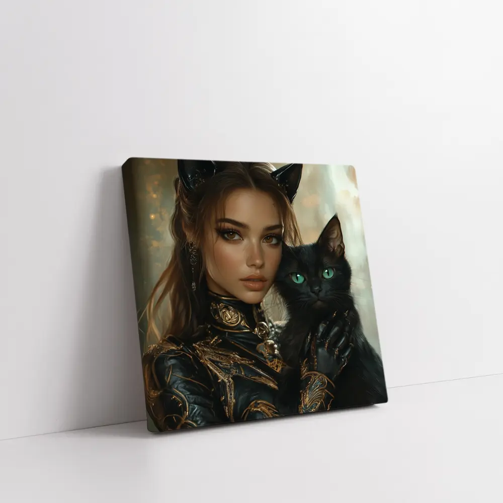 Fantasy Woman Cat Ears Black Cat Portrait – Wall Art