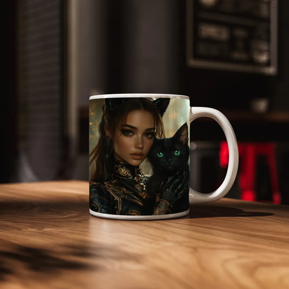Fantasy Woman Cat Ears Black Cat Portrait – Mugs