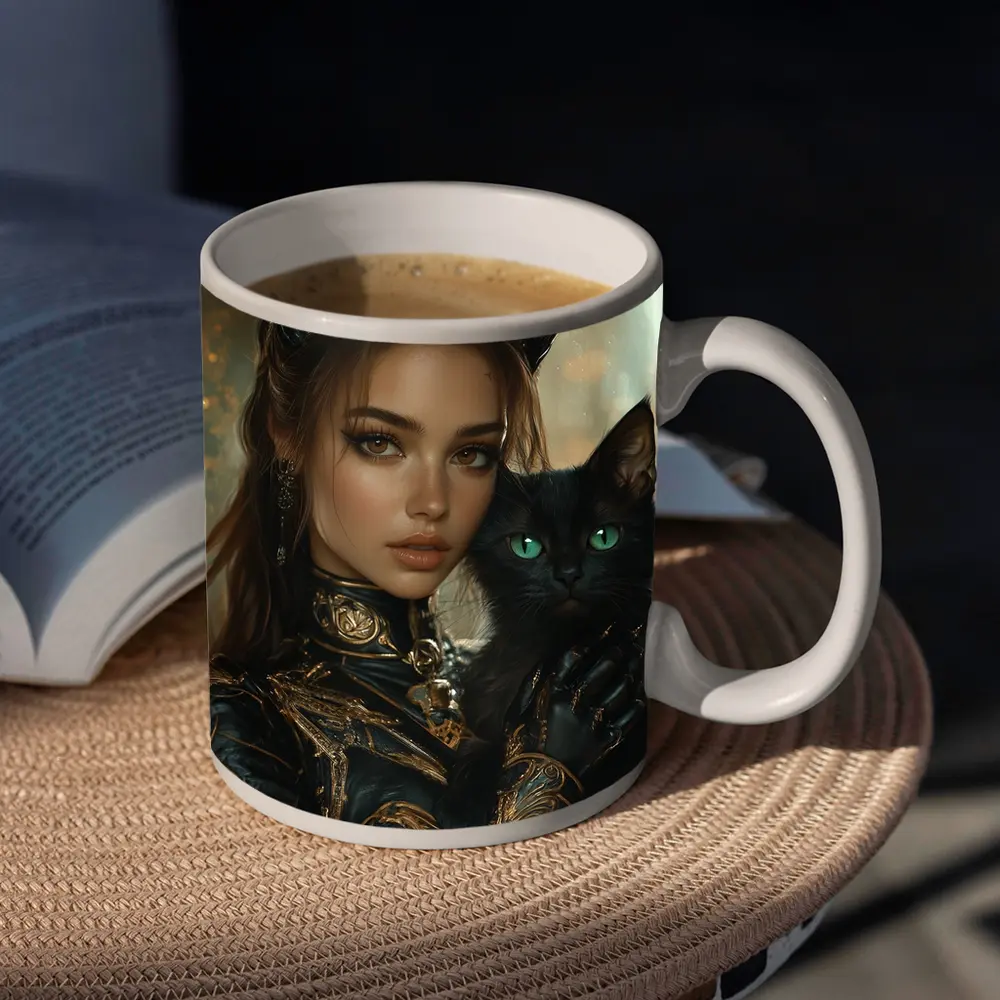 Fantasy Woman Cat Ears Black Cat Portrait – Mugs