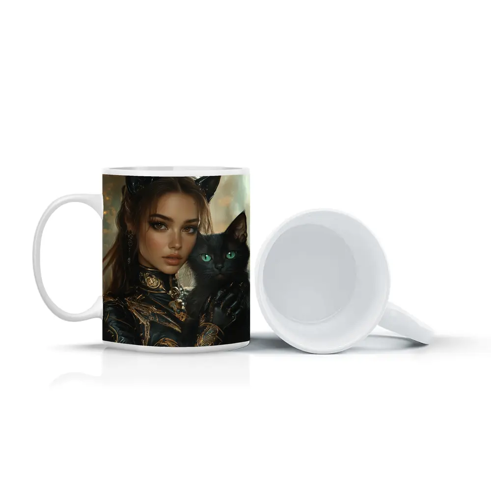 Fantasy Woman Cat Ears Black Cat Portrait – Mugs