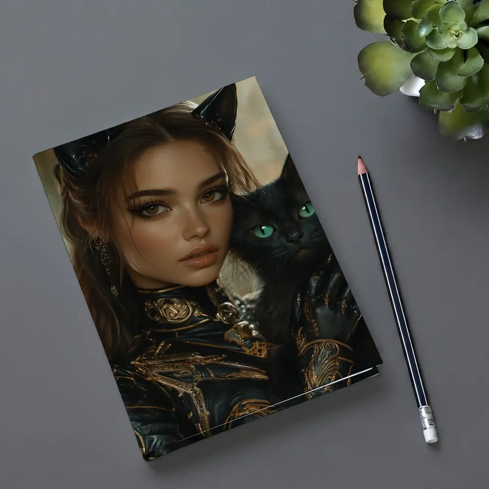 Fantasy Woman Cat Ears Black Cat Portrait – Notebooks