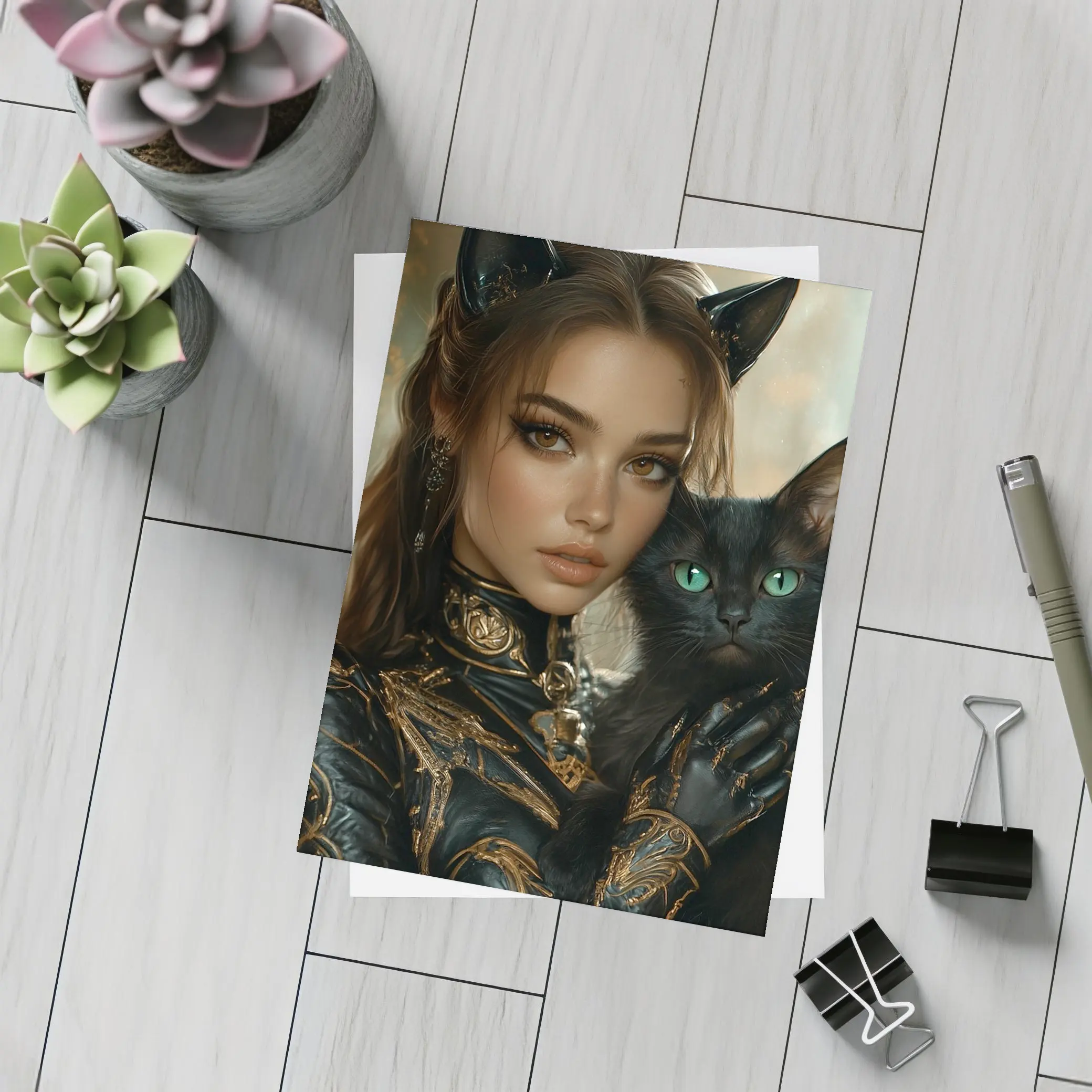 Fantasy Woman Cat Ears Black Cat Portrait – Postcards