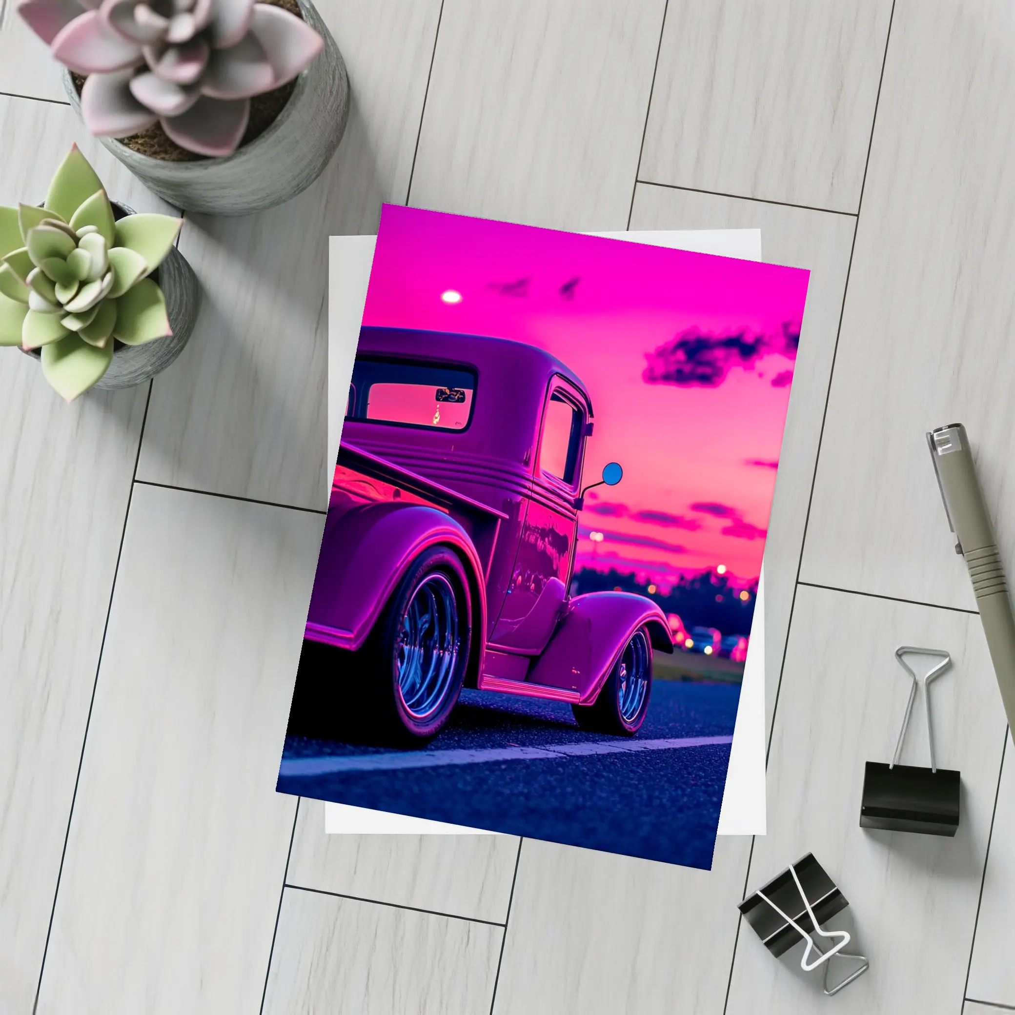 Classic Hot Rod Truck Neon Sunset Sky – Postcards