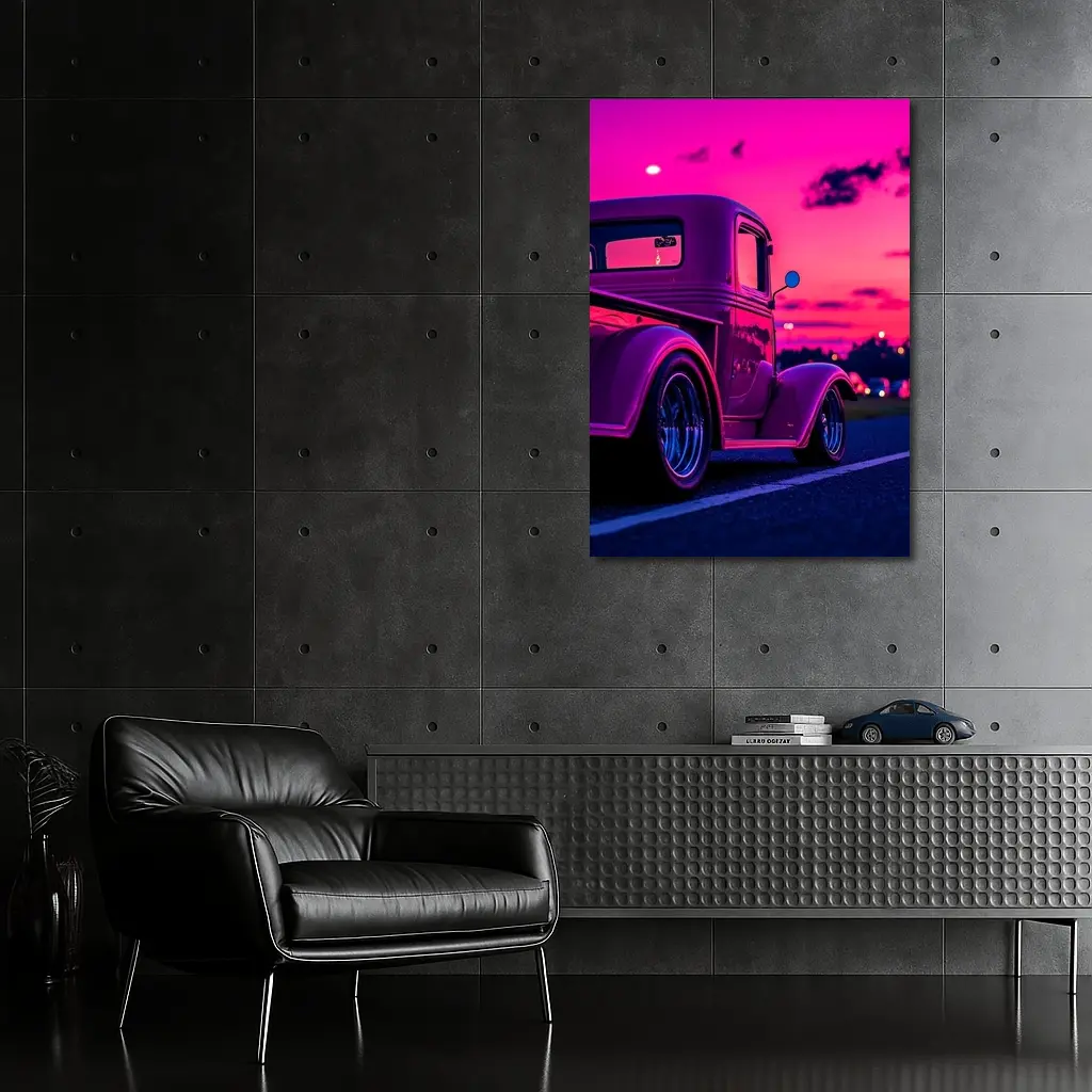 Classic Hot Rod Truck Neon Sunset Sky – Wall Art