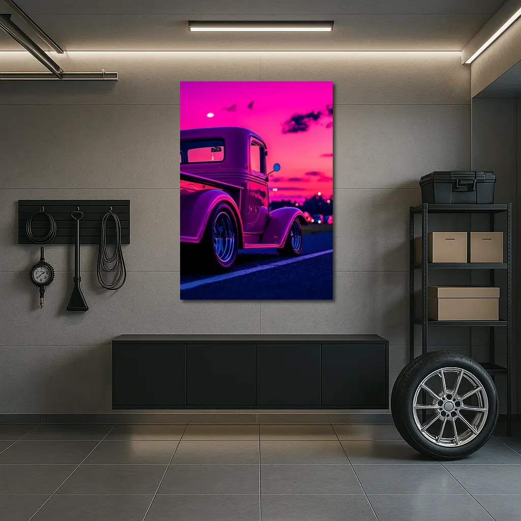 Classic Hot Rod Truck Neon Sunset Sky – Wall Art