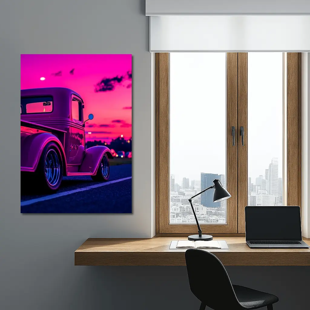 Classic Hot Rod Truck Neon Sunset Sky – Wall Art