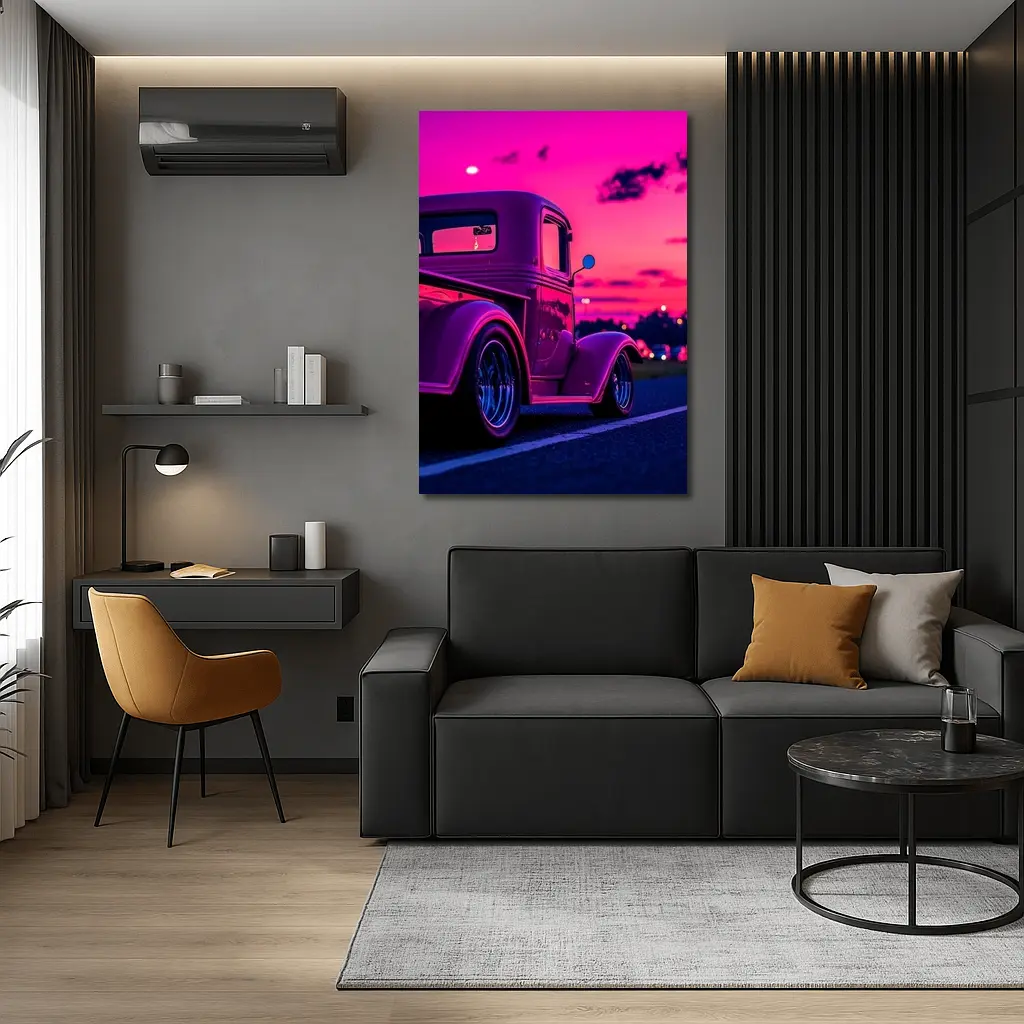 Classic Hot Rod Truck Neon Sunset Sky – Wall Art
