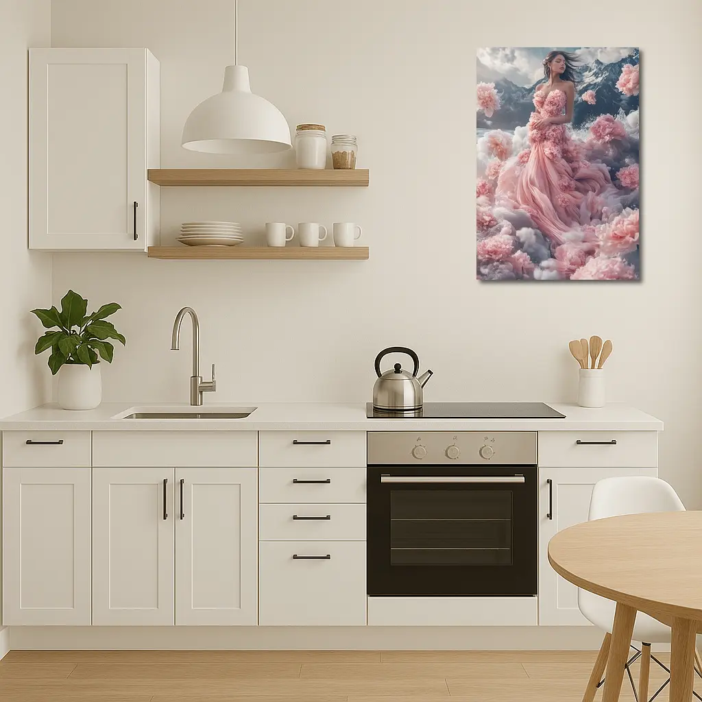 Woman Pink Floral Dress Dreamy Mountain Scene – Wall Art
