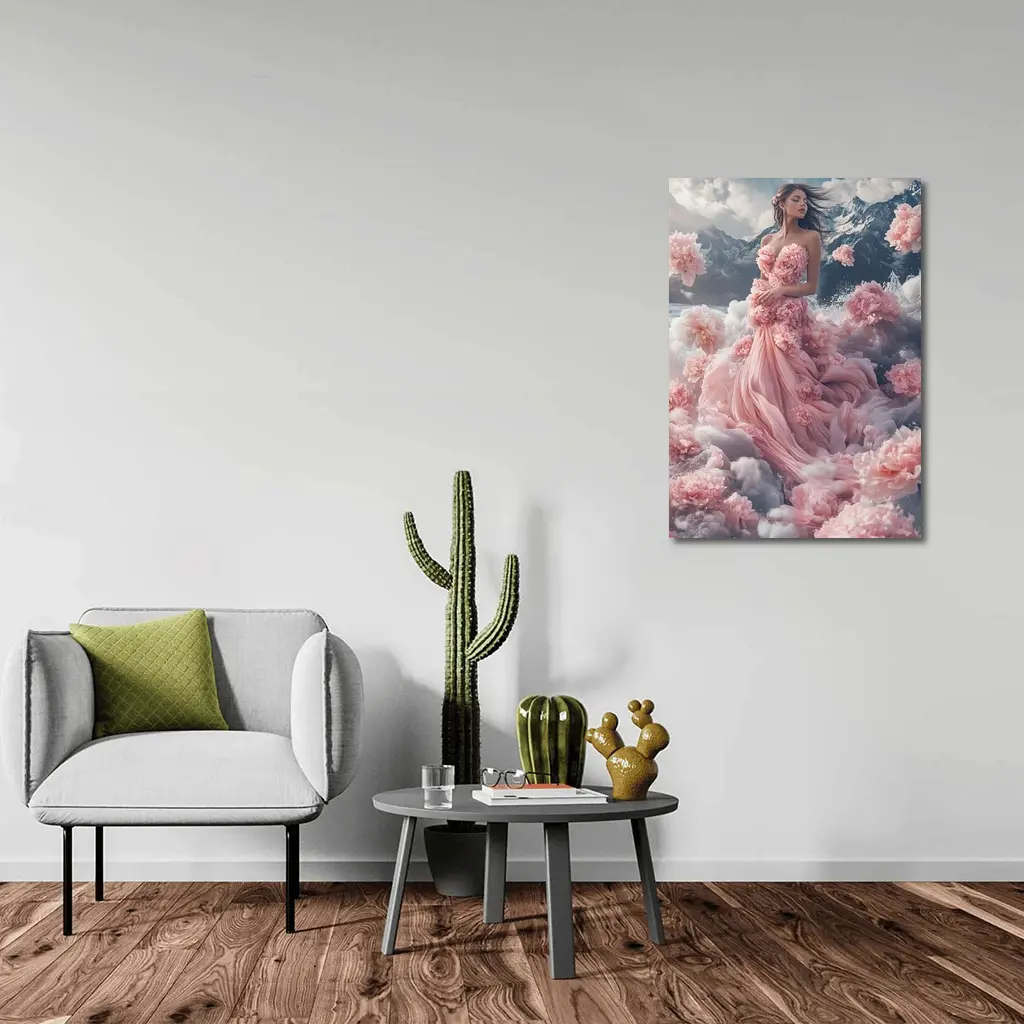 Woman Pink Floral Dress Dreamy Mountain Scene – Wall Art