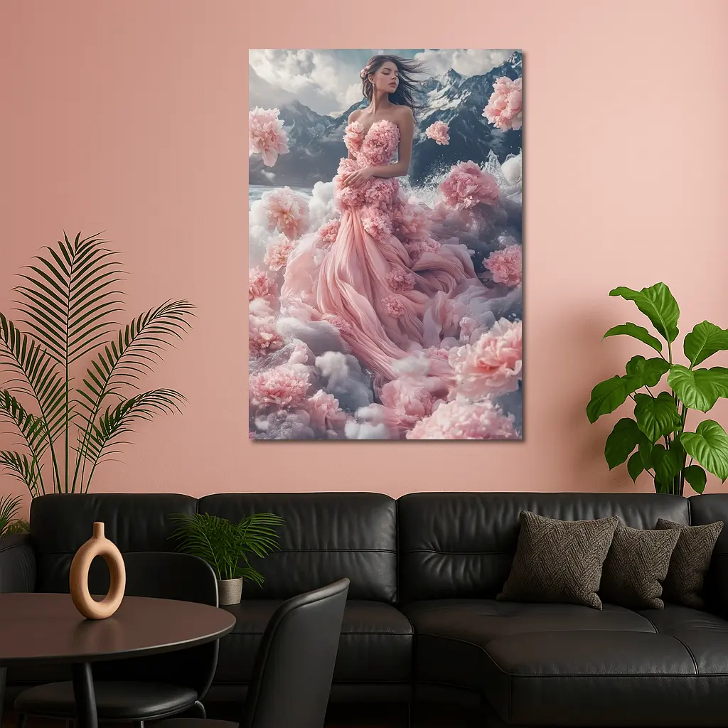 Woman Pink Floral Dress Dreamy Mountain Scene – Wall Art