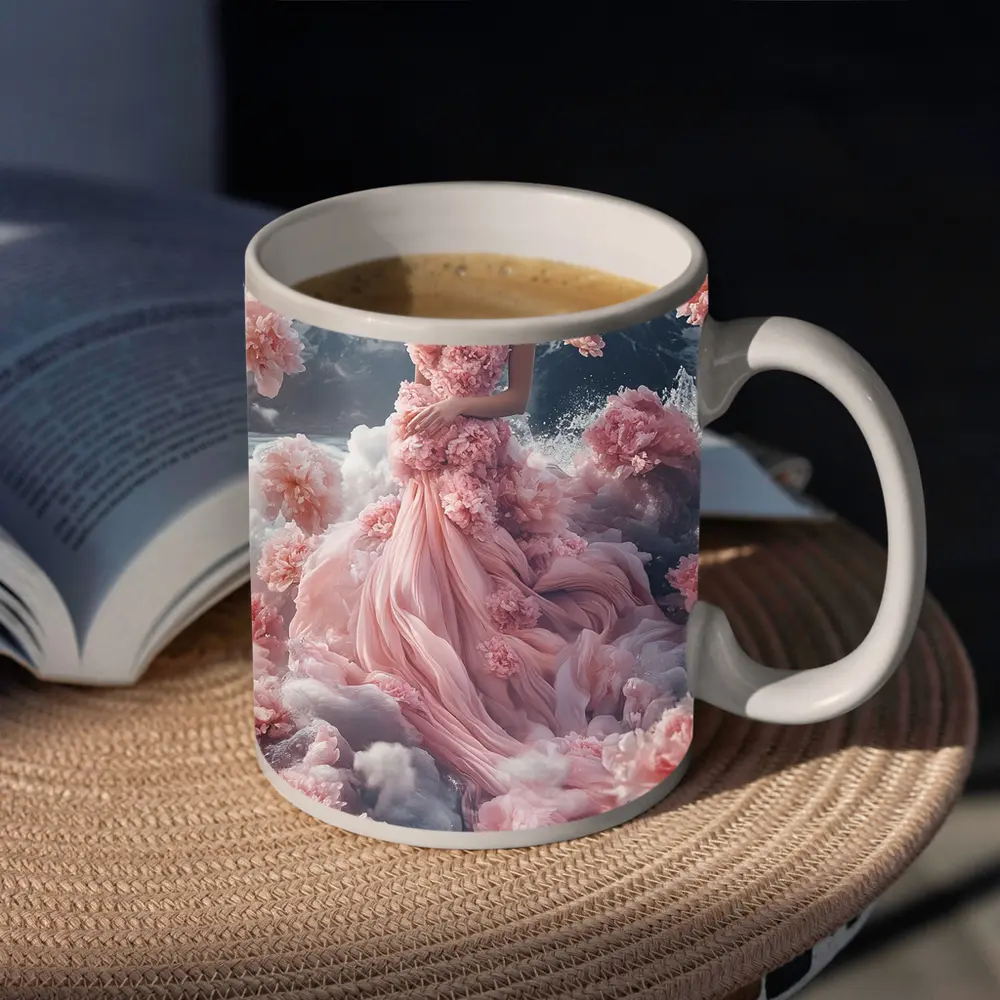 Woman Pink Floral Dress Dreamy Mountain Scene – Mugs