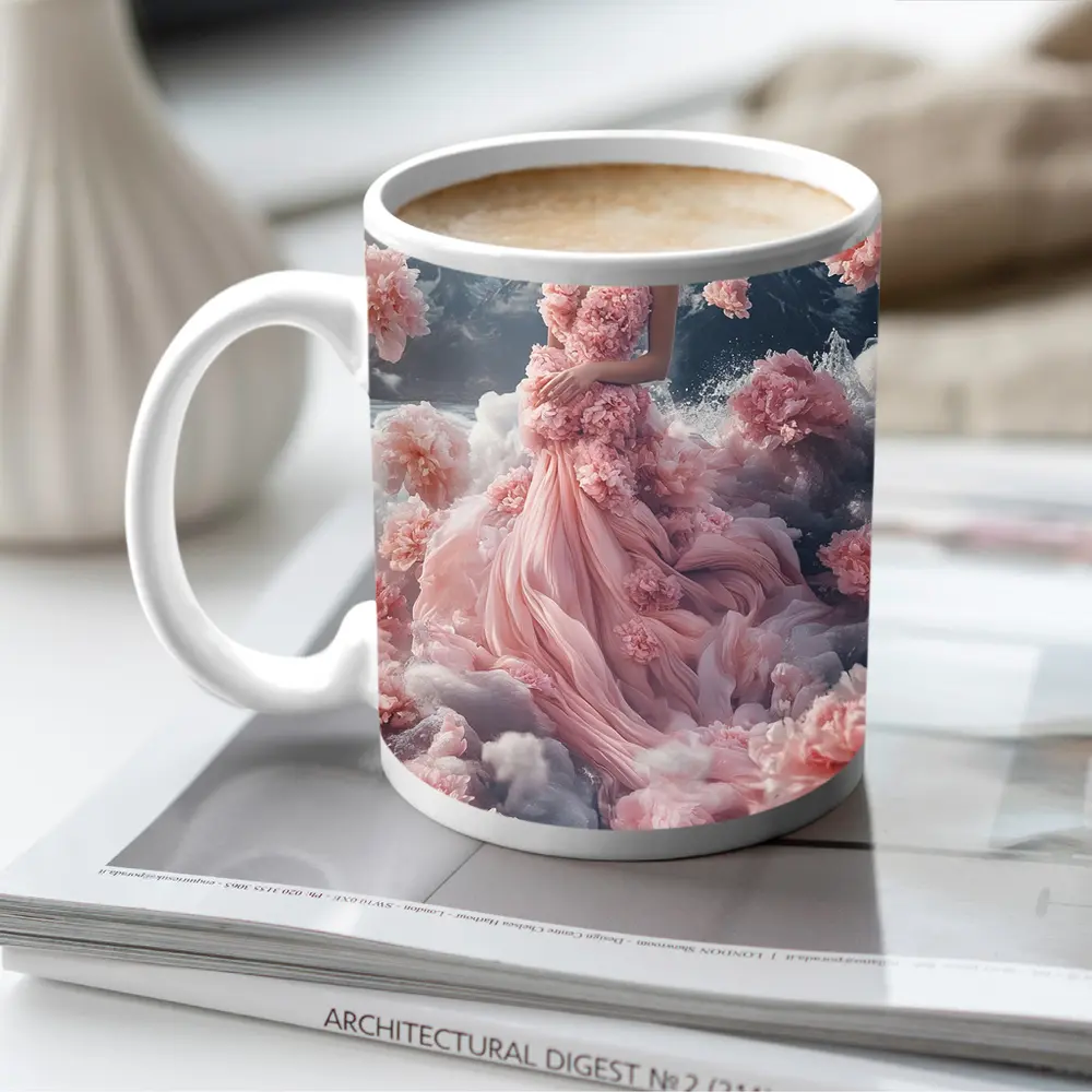 Woman Pink Floral Dress Dreamy Mountain Scene – Mugs