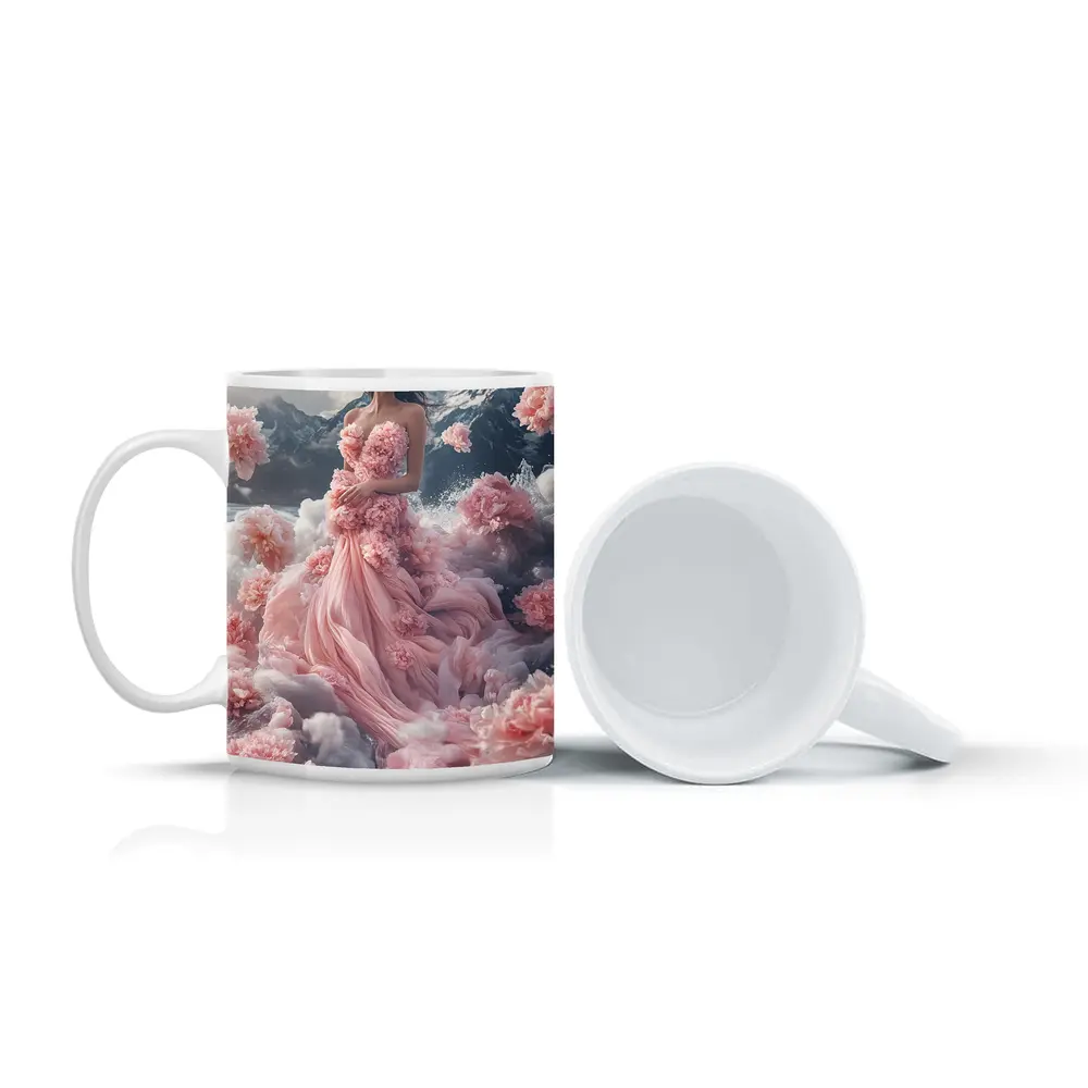 Woman Pink Floral Dress Dreamy Mountain Scene – Mugs