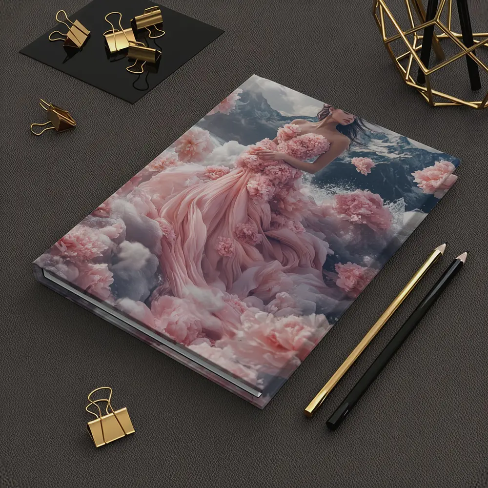 Woman Pink Floral Dress Dreamy Mountain Scene – Notebooks