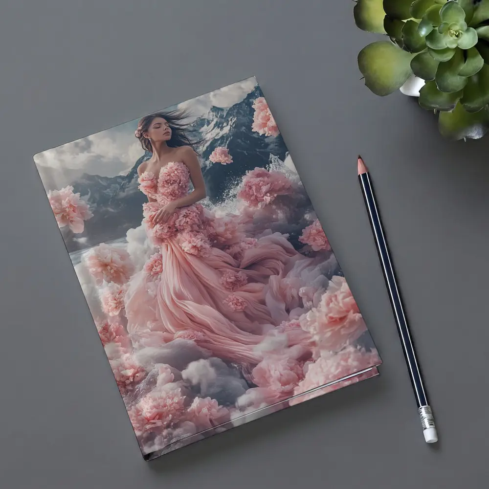 Woman Pink Floral Dress Dreamy Mountain Scene – Notebooks