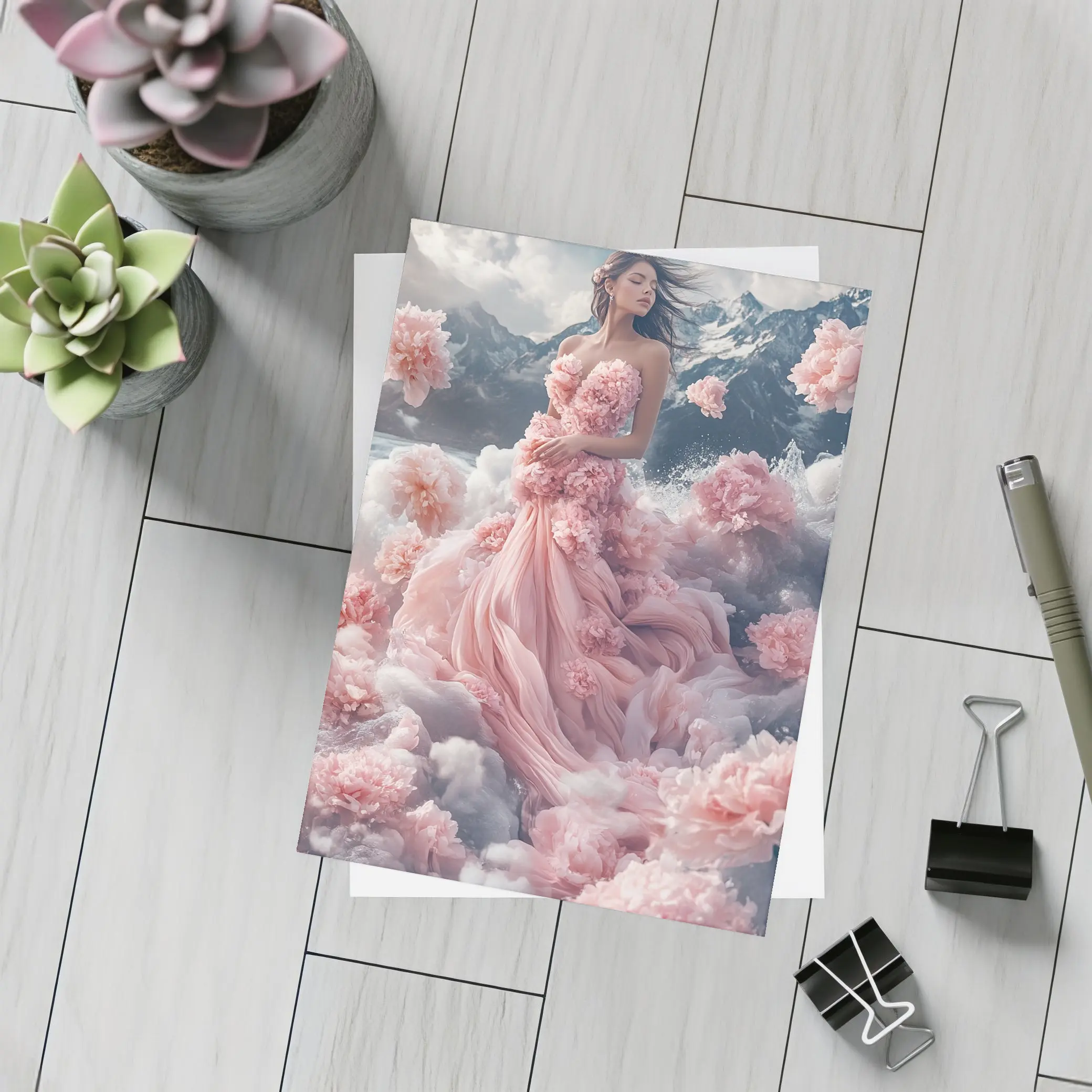 Woman Pink Floral Dress Dreamy Mountain Scene – Postcards