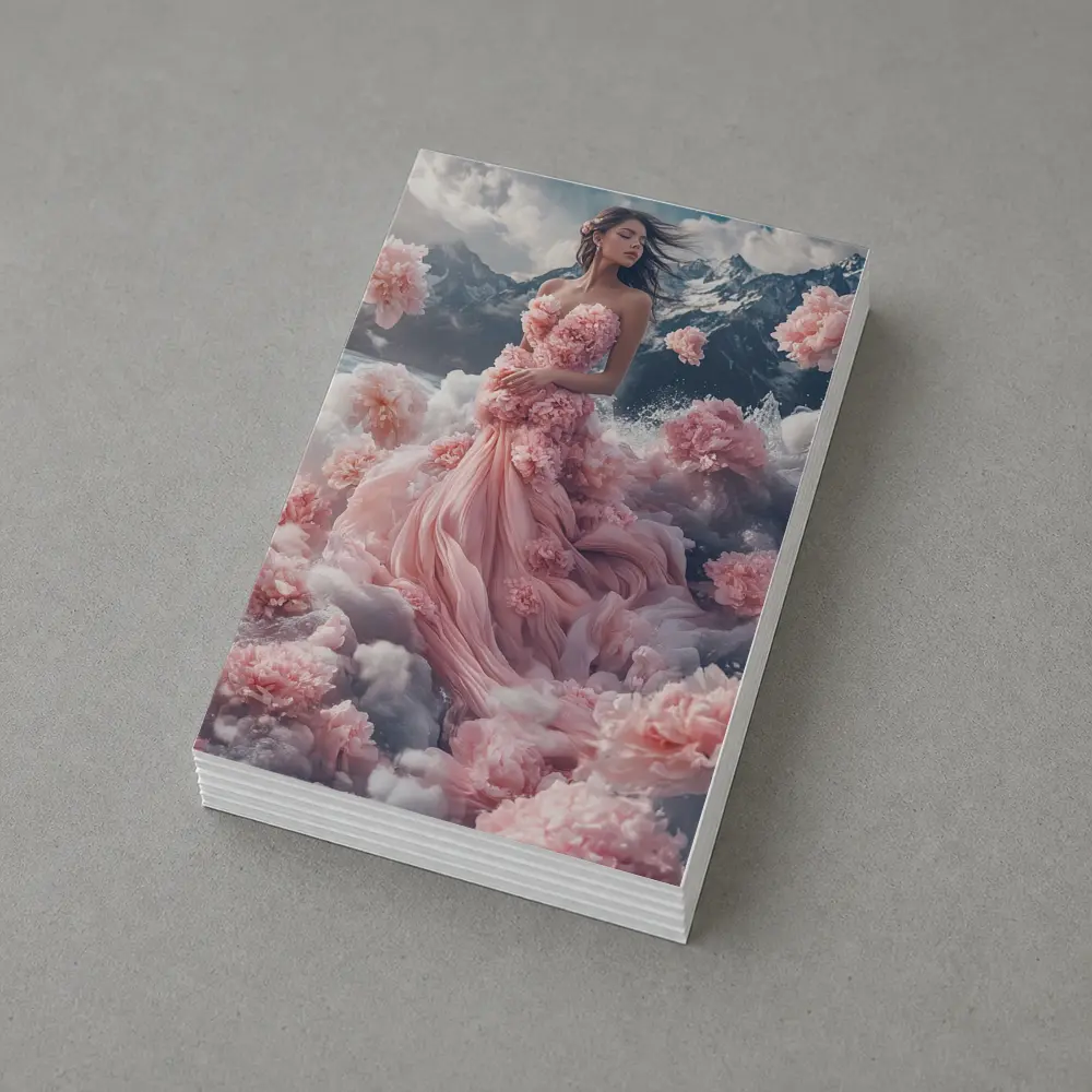 Woman Pink Floral Dress Dreamy Mountain Scene – Postcards